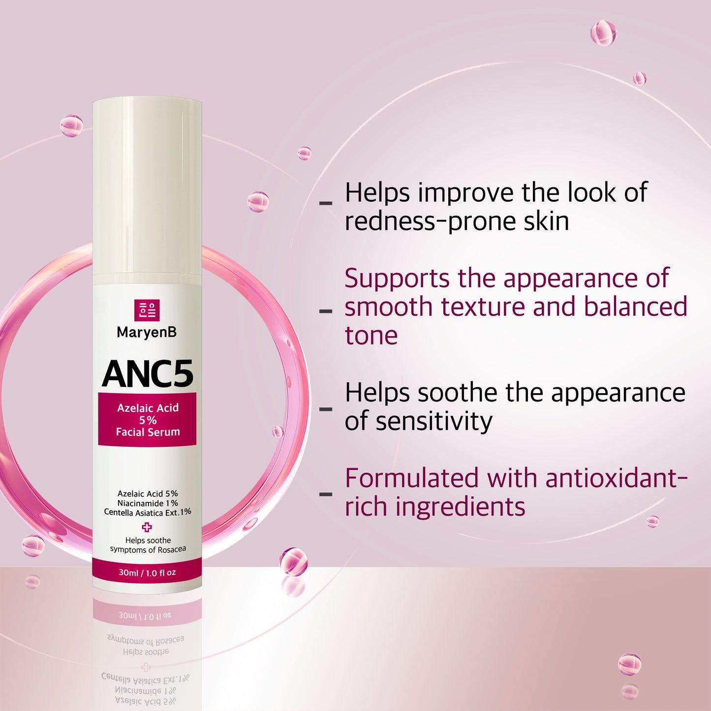 MaryenB Azelaic Acid 5% Serum | Sensitive Acne-Prone Skin, Redness Relief & Pore Care with Niacinamide & Cica - 1 Fl Oz