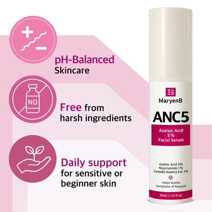 MaryenB Azelaic Acid 5% Serum | Sensitive Acne-Prone Skin, Redness Relief & Pore Care with Niacinamide & Cica - 1 Fl Oz