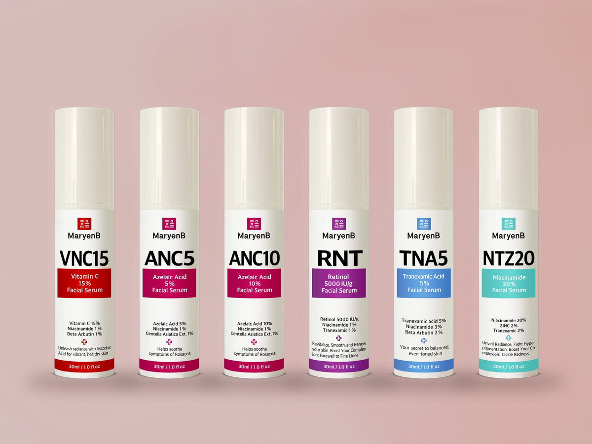 MaryenB 세럼 6종(VNC15, ANC5, ANC10, RNT, TNA5, NTZ20)이 나란히 놓인 모습